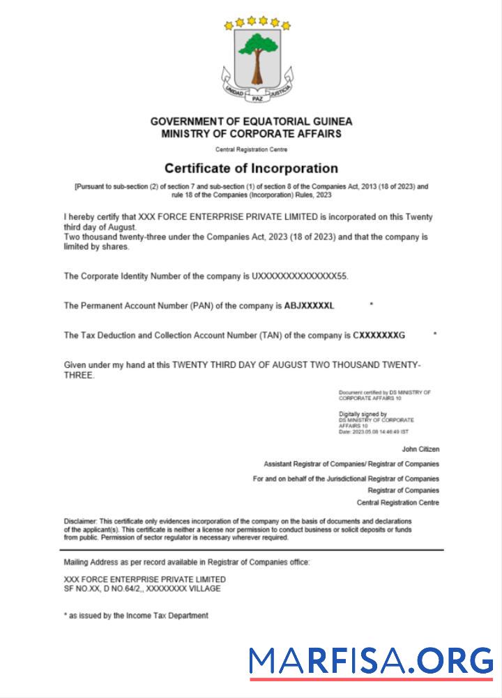 Realistisch Äquatorialguinea Zertifikat of Registrierung Word and PDF Vorlage