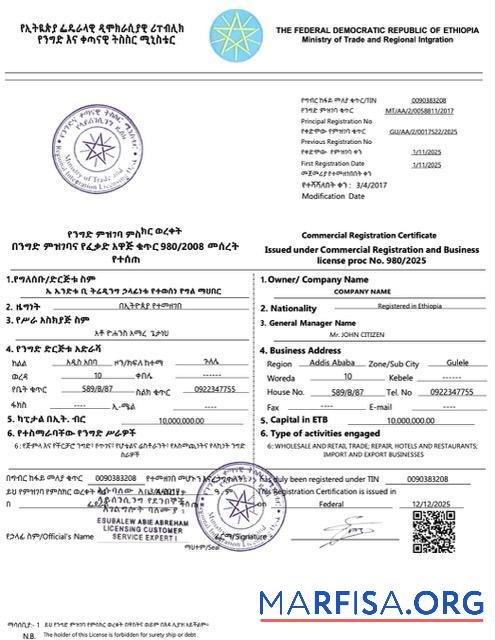 Premium Äthiopien┬áKommerziell Registrierung Zertifikat Word and PDF Vorlage