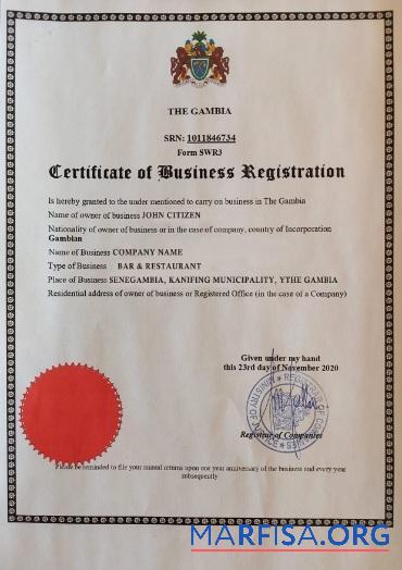 Gambia Zertifikat of Geschäft Registrierung Mockup