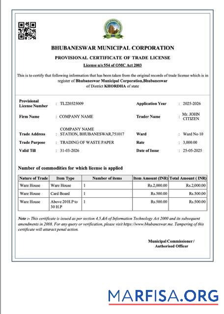 Professionell Indien Bhubaneswar provisional Zertifikat of trade Lizenz Word and PDF Vorlage