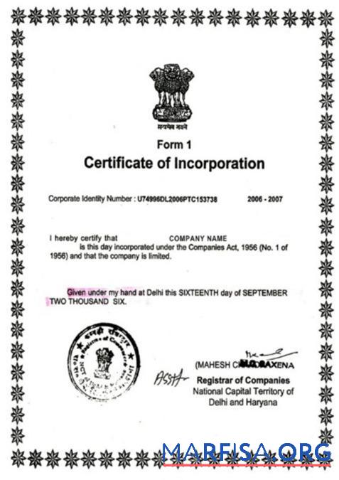 Indien Zertifikat of Incorporation Probe