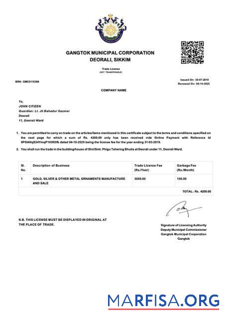 Premium Indien Gangtok trade Lizenz Word and PDF Vorlage