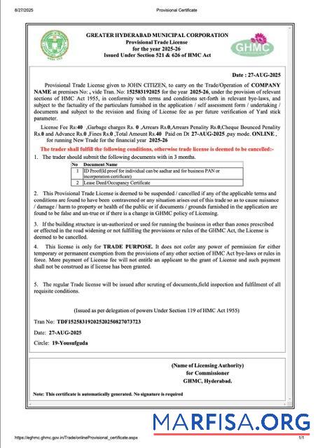 Hohe Qualität Indien Hyderabad┬áprovisional trade Lizenz Word and PDF Vorlage