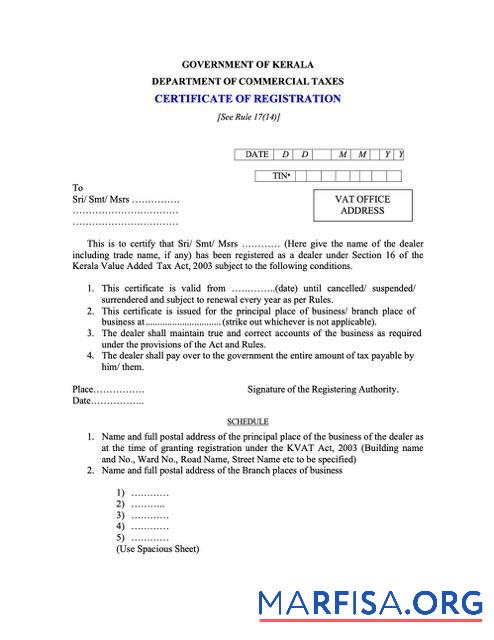 Bearbeitbar Indien Kerala┬áZertifikat of Registrierung Word and PDF Vorlage