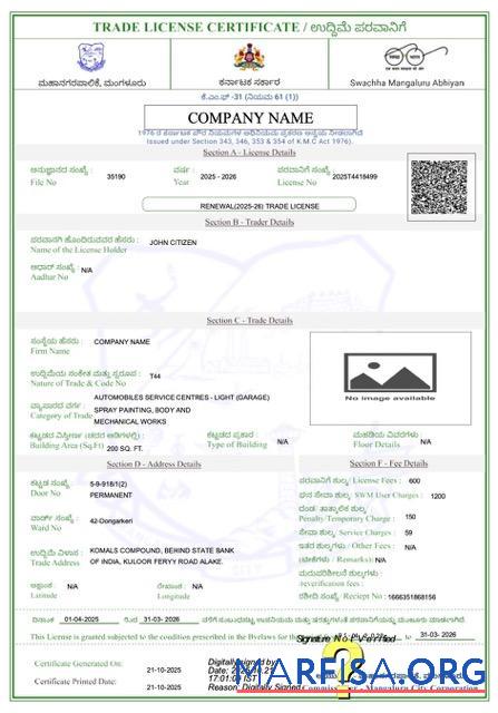 Hohe Qualität Indien Mangaluru trade Lizenz Zertifikat Word and PDF Vorlage