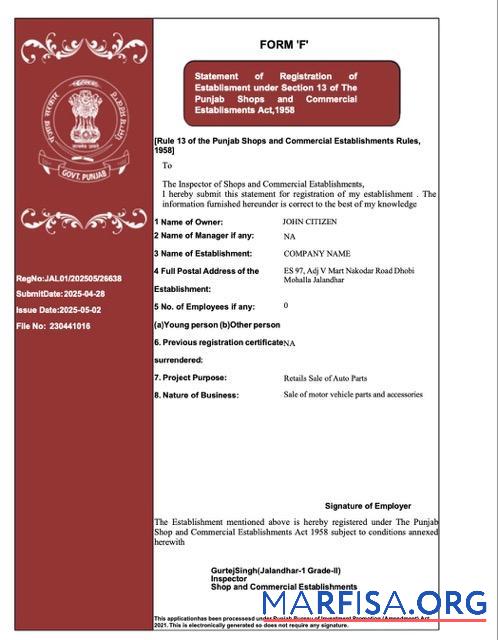Hohe Qualität Indien Punjab Registrierung Zertifikat Word and PDF Vorlage, Version 2