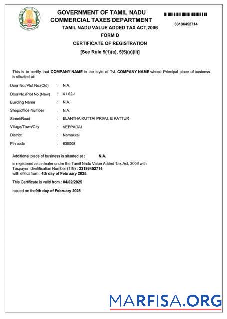 Professionell Indien Tamil Nadu VAT Registrierung Zertifikat Word and PDF Vorlage
