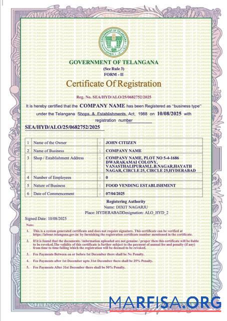 Realistisch Indien Telangana Zertifikat of Registrierung Word and PDF Vorlage