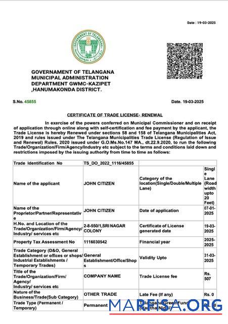 Realistisch Indien Telangana Zertifikat of trade Lizenz Word and PDF Vorlage
