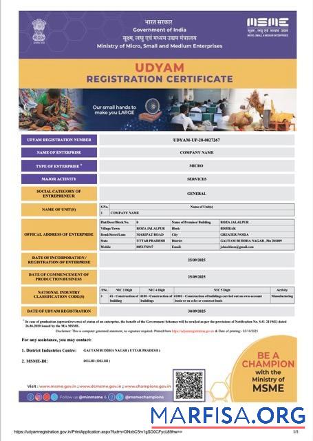 Realistisch Indien Udyam Registrierung Zertifikat Word and PDF Vorlage, Version 2