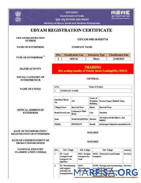 Premium Indien Udyam Registrierung Zertifikat Word and PDF Vorlage, Version 3