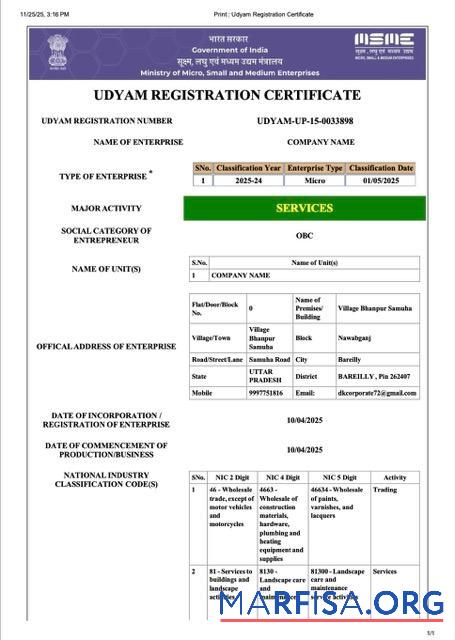 Bearbeitbar Indien Udyam Registrierung Zertifikat Word and PDF Vorlage, Version 4