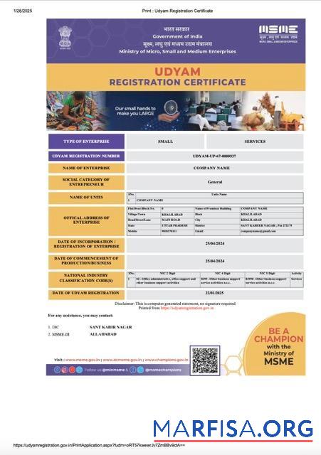 Realistisch Indien Udyam Registrierung Zertifikat Word and PDF Vorlage, Version 5