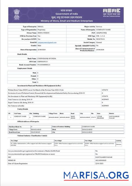 Realistisch Indien Udyam Registrierung Zertifikat Word and PDF Vorlage, Version 6