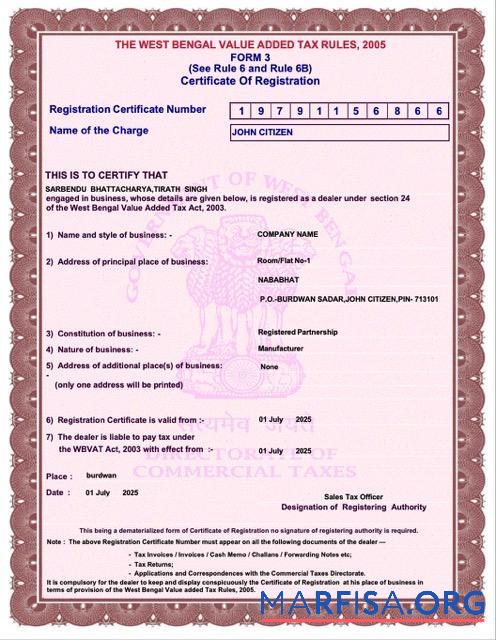 Bearbeitbar Indien West Bengal┬áZertifikat of Registrierung Word and PDF Vorlage