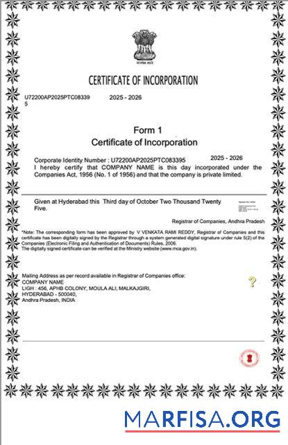Bearbeitbar Indien Zertifikat of incorporation Word and PDF Vorlage, Version 2