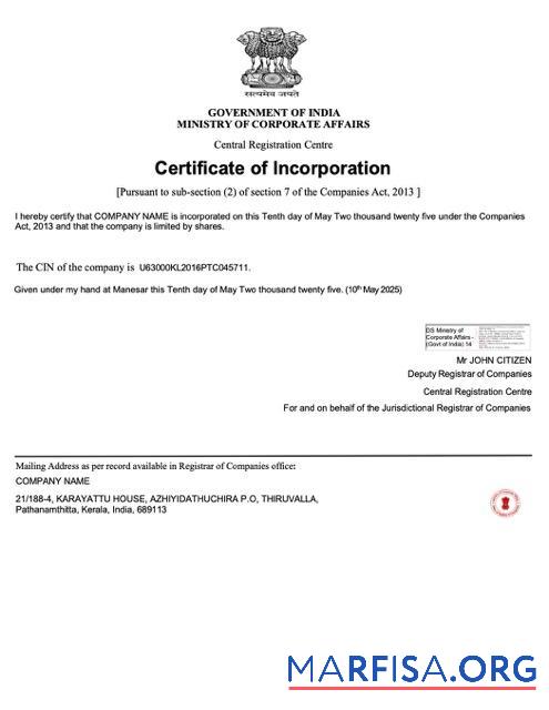 Hohe Qualität Indien Zertifikat of incorporation Word and PDF Vorlage, Version 3