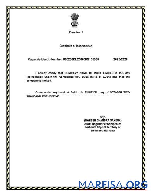 Hohe Qualität Indien Zertifikat of incorporation Word and PDF Vorlage, Version 5