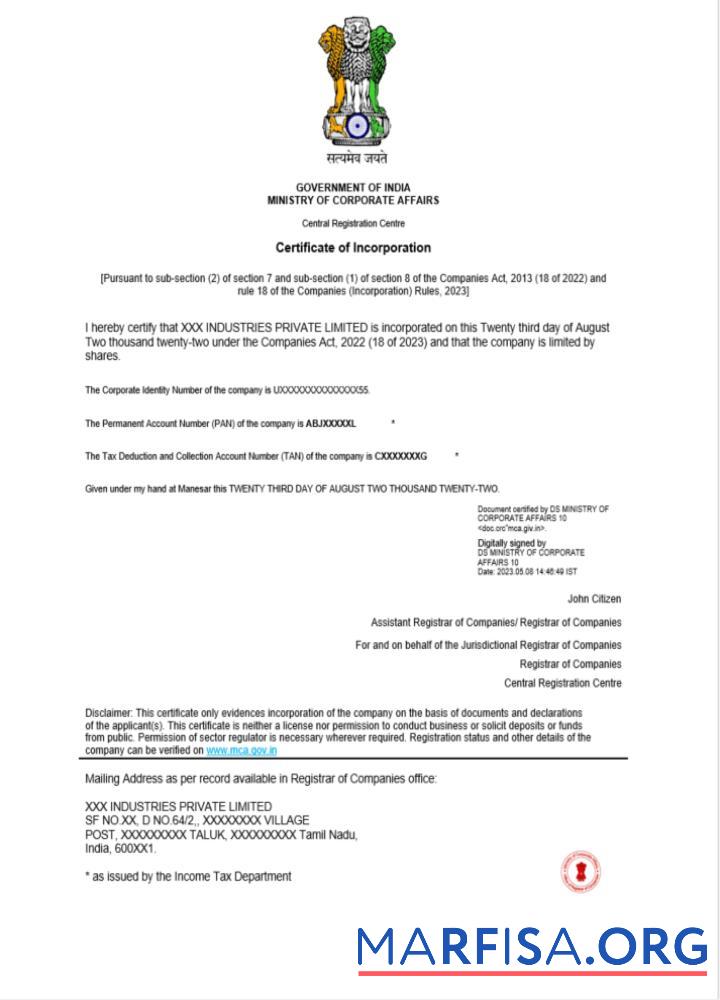 Premium Indien Zertifikat of incorporation Registrierung Word and PDF Vorlage, Version 2