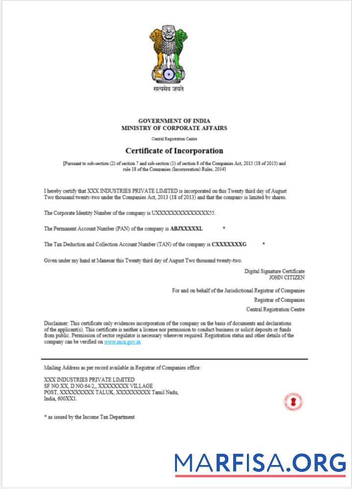 Indien Zertifikat of incorporation Registrierung Probe