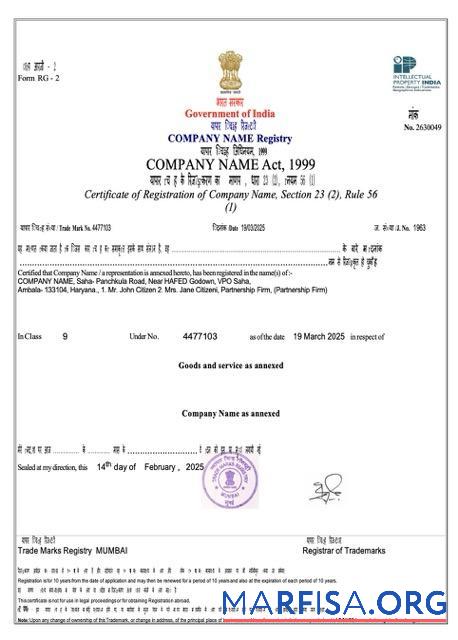 Professionell Indien Zertifikat of Registrierung Word and PDF Vorlage, Version 3