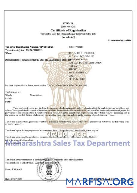 Hohe Qualität Indien┬áMaharashtra Zertifikat of taxpayer Registrierung Word and PDF Vorlage