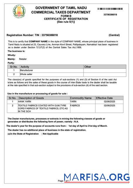 Premium Indien┬áTamil Nadu┬áZertifikat of Registrierung Word and PDF Vorlage
