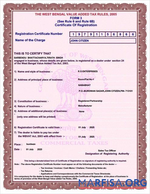 Hohe Qualität Indien┬áWest Bengal┬áZertifikat of VAT Registrierung┬áWord and PDF Vorlage