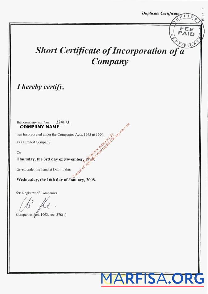 Irland Zertifikat of Incorporation Probe
