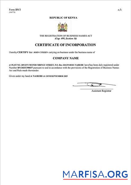 Realistisch Kenia Zertifikat of incorporation Word and PDF Vorlage, Version 2