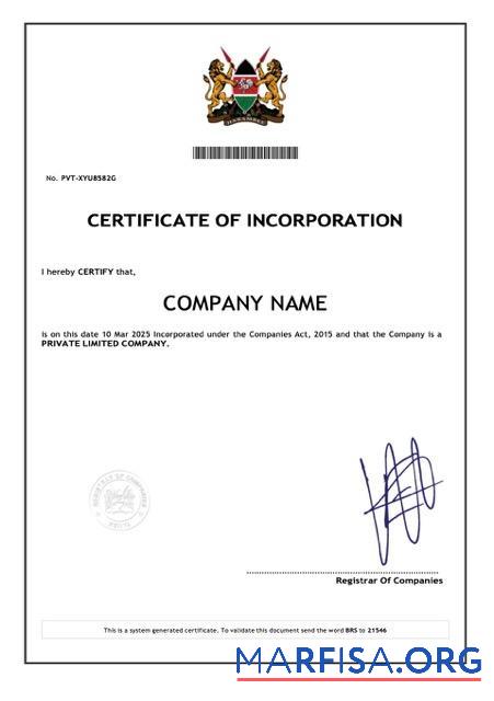 Professionell Kenia Zertifikat of incorporation Word and PDF Vorlage