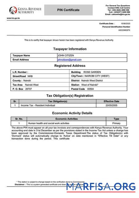 Bearbeitbar Kenia taxpayer Zertifikat Word and PDF Vorlage