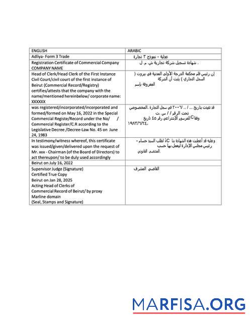 Hohe Qualität Libanon Registrierung Zertifikat Word and PDF Vorlage