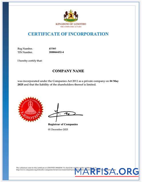 Bearbeitbar Lesotho Zertifikat of incorporation Word and PDF Vorlage
