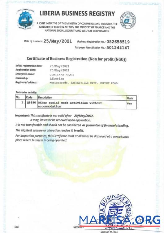 Liberia Zertifikat of Geschäft Registrierung Vorlage