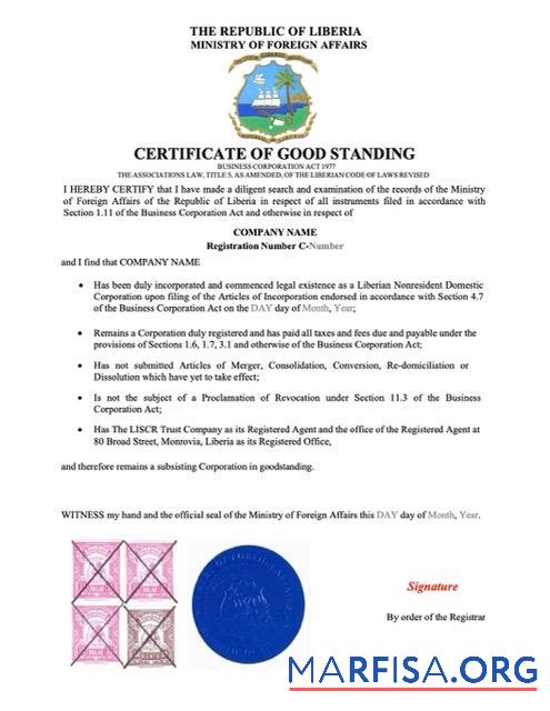 Bearbeitbar Liberia Zertifikat of good standing Word and PDF Vorlage