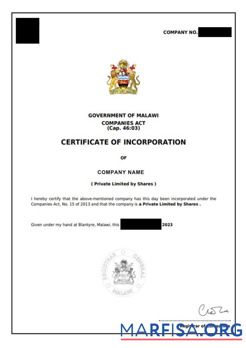 Malawi Zertifikat of Incorporation Vorschau