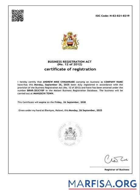 Premium Malawi Zertifikat of Registrierung Word and PDF Vorlage