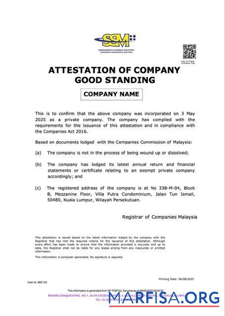 Professionell Malaysia attestation of Unternehmen good standing Word and PDF Vorlage