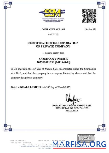 Professionell Malaysia Zertifikat of incorporation of private Unternehmen Word and PDF Vorlage
