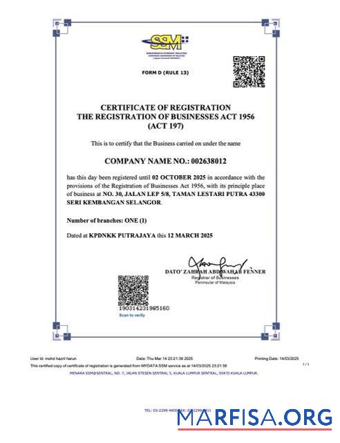 Bearbeitbar Malaysia Zertifikat of Registrierung Word and PDF Vorlage