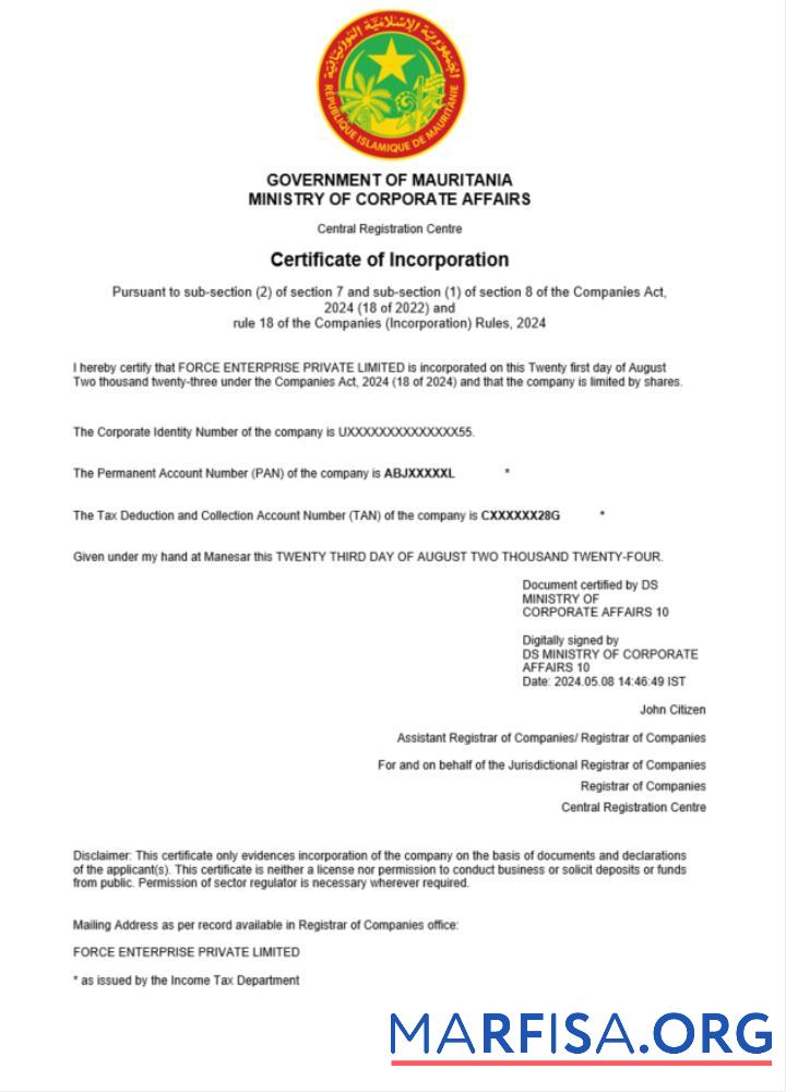 Bearbeitbar Mauretanien Geschäft Registrierung Zertifikat Word and PDF Vorlage