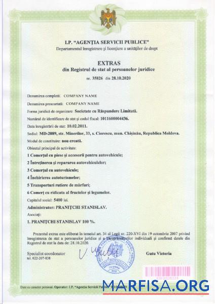 Moldavia Zertifikat of Incorporation Probe