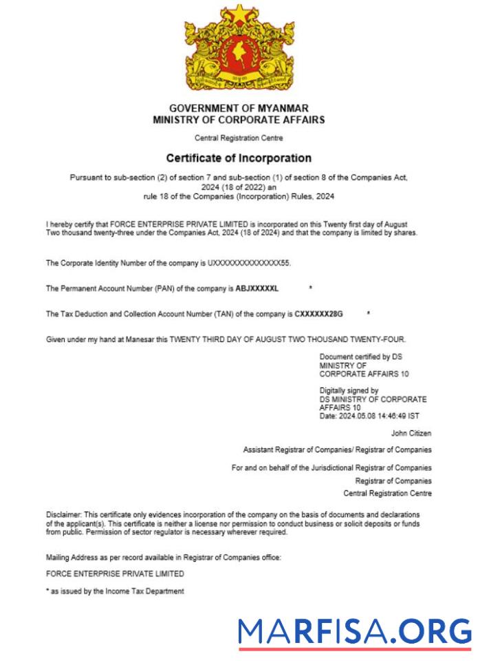 Bearbeitbar Myanmar Geschäft Registrierung Zertifikat Word and PDF Vorlage