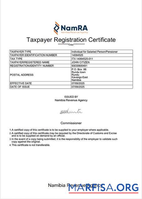 Hohe Qualität Namibia┬átaxpayer Registrierung Zertifikat Word and PDF Vorlage
