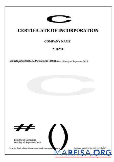 Bearbeitbar Neuseeland Zertifikat of incorporation Word and PDF Vorlage, Version 2