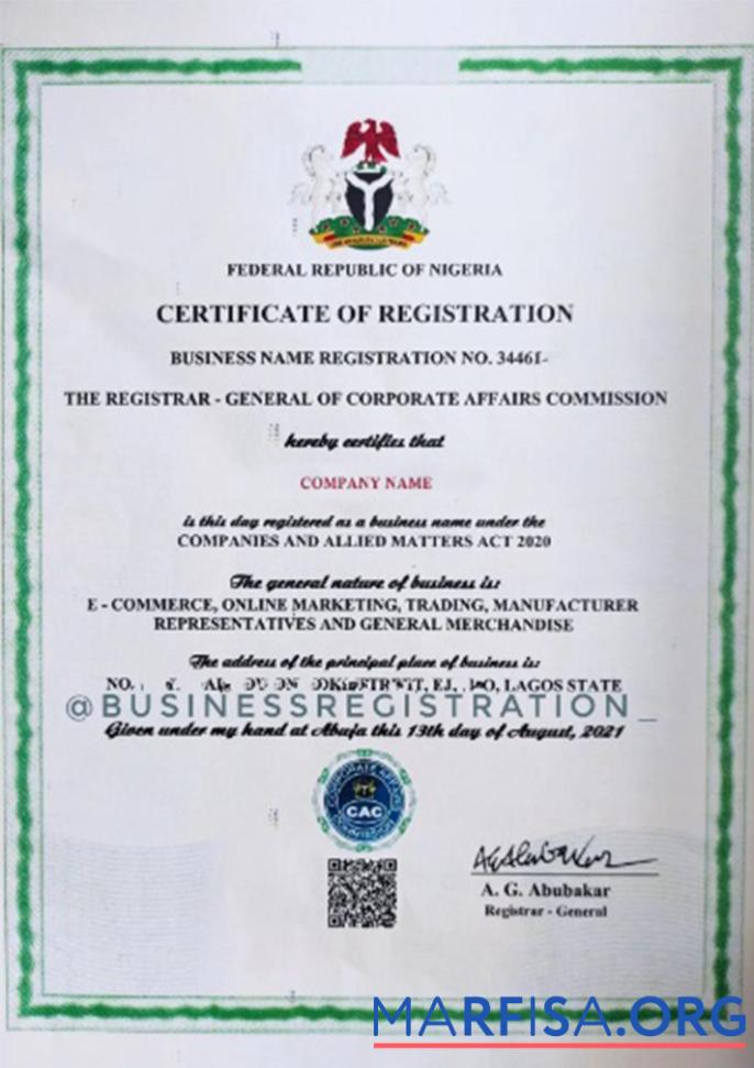 Nigeria Zertifikat of Registrierung Vorlage
