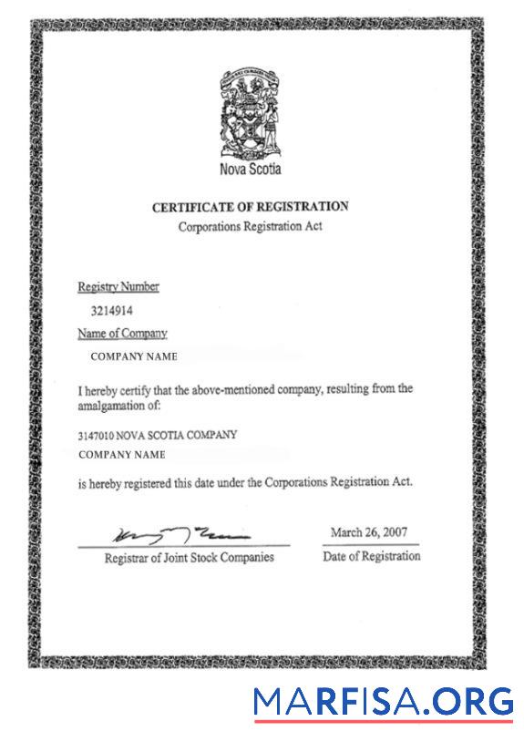 Nova Scotia Zertifikat of Registrierung Vorschau