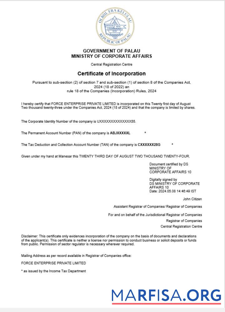 Realistisch Palau Geschäft Registrierung Zertifikat Word and PDF Vorlage