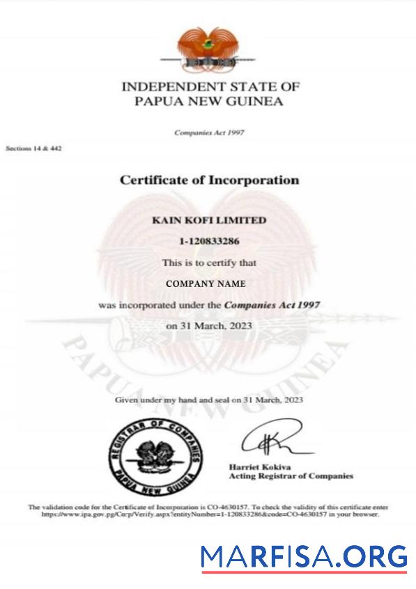 Papua-Neuguinea Zertifikat of Incorporation Vorschau
